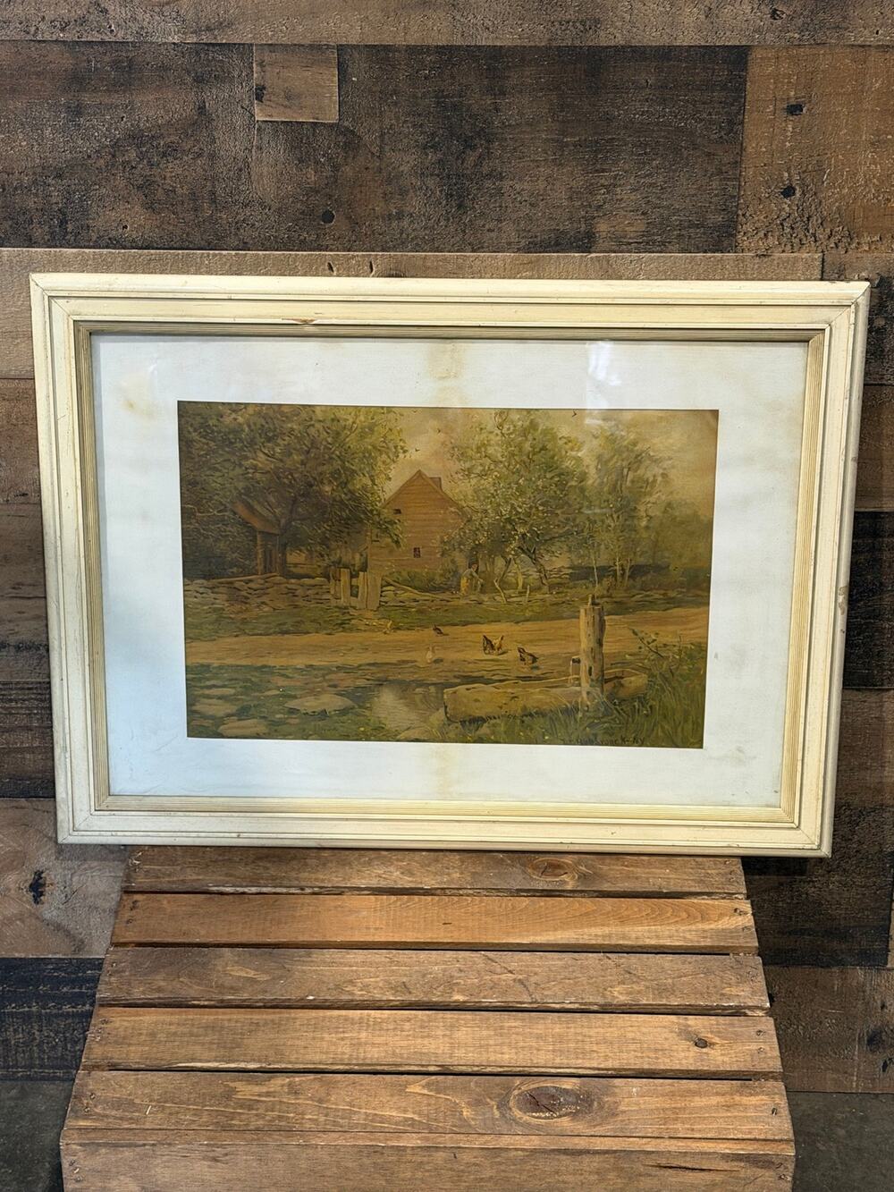 Vintage Framed Country Farmhouse Landscape Print - Homestead Chickens - 22x16
